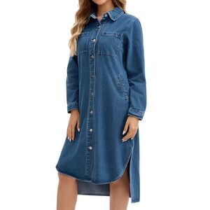 Women's Denim Shirt Dress Curved Hem Button Down Long Jean Jacket Blue